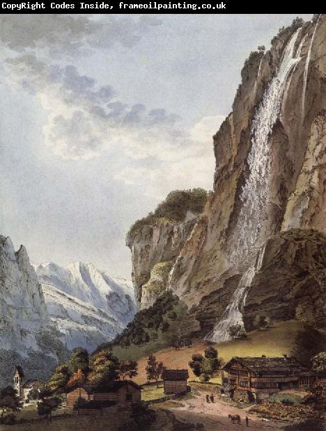 Johann Ludwig Aberli Fall d-eau apellee Staubbach in the Vallee Louterbrunnen